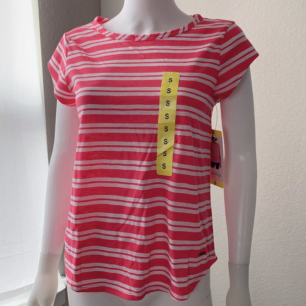 ❤️ Buy 1 Get 1 Free❤️ NWT Nautica Ladies' Crew Neck Short Sleeve Tee Pink Stripe